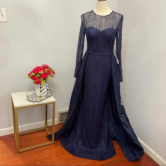 # Mac Duggal Long Sleeve Lace Column Gown With Overskirt - Picture 3 of 16